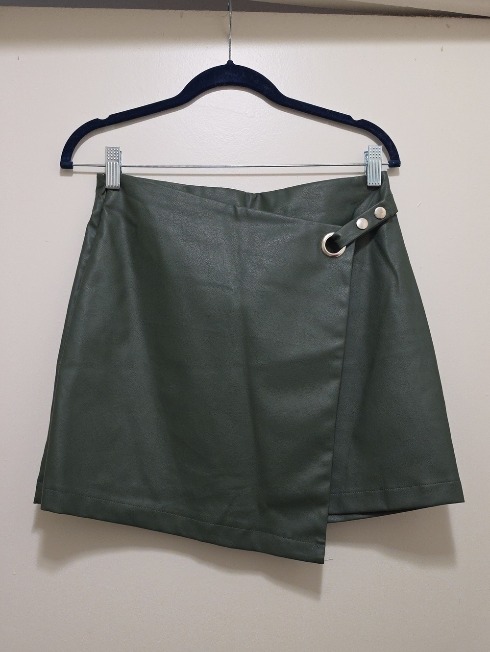 Alya Olive Faux Leather Asymmetrical Wrap Skirt with Grommet